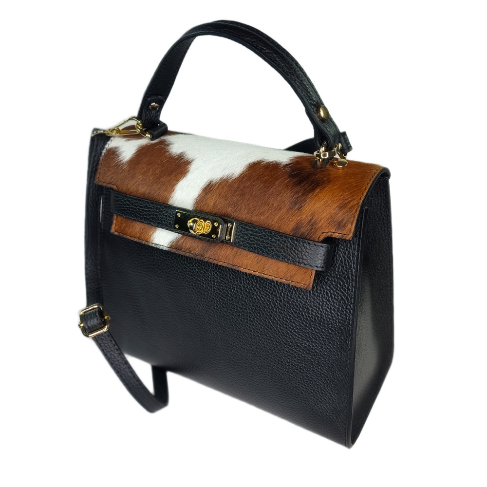 Charlie Leather Bellezza Black with White & Brown Fur Trim Medium Handbag-NWT